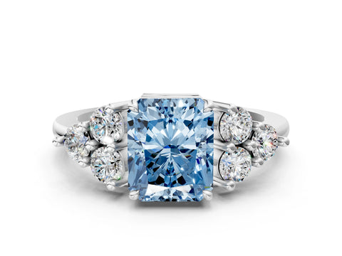 White gold Fancy Blue Radiant Cut Brilliant Diamond Cluster Accent Solitaire Ring with Prong Setting
