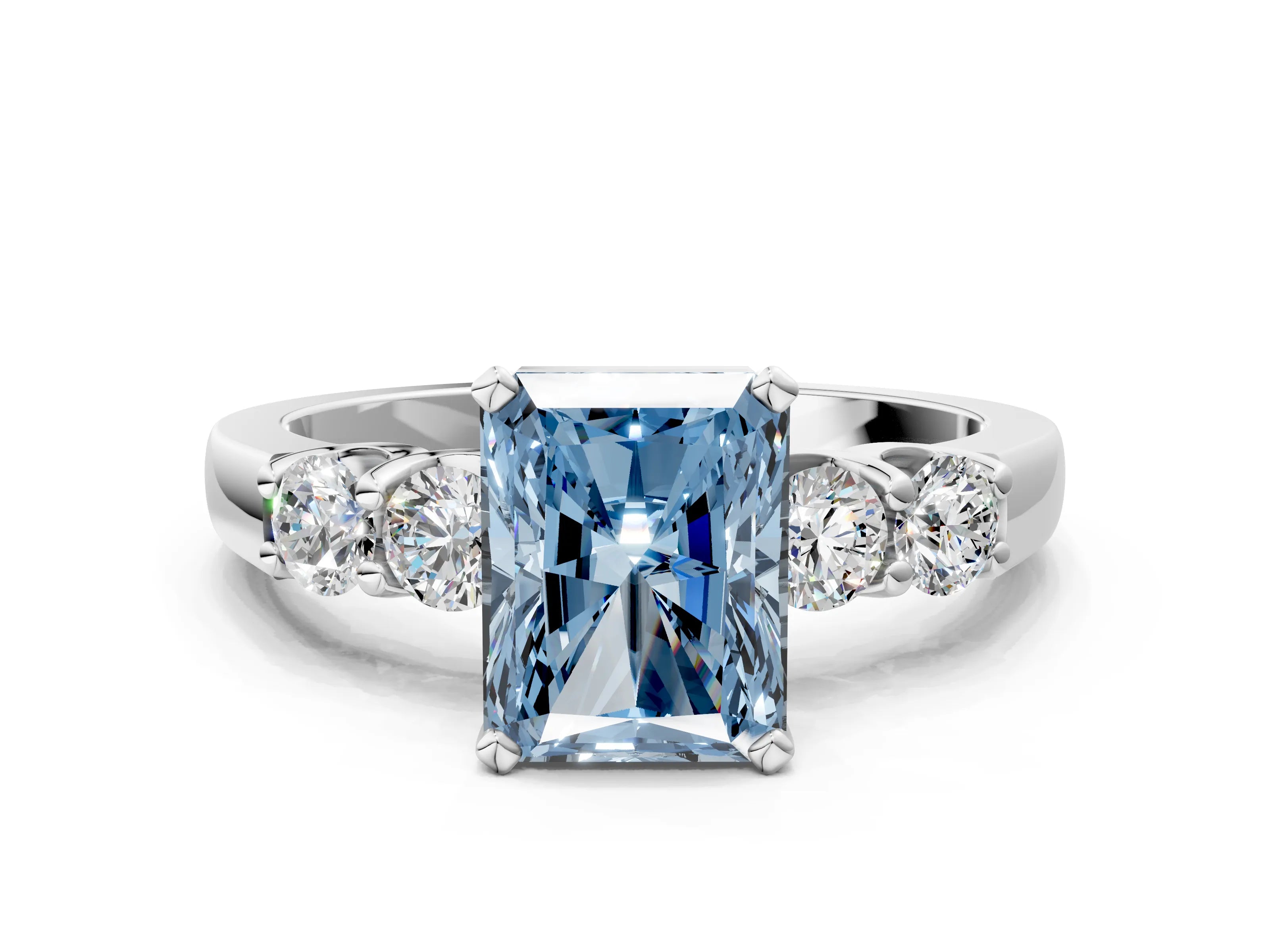 White gold Fancy Blue Radiant Cut Brilliant Diamond Five-Stone Engagement Ring with Prong Setting on a Classic Band_3