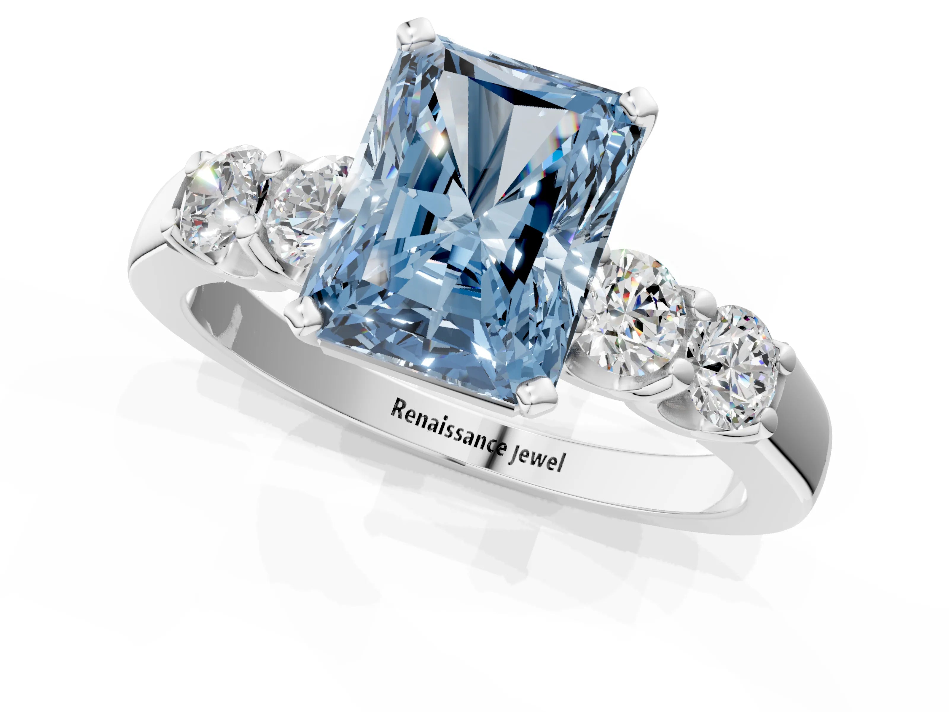 White gold Fancy Blue Radiant Cut Brilliant Diamond Five-Stone Engagement Ring with Prong Setting on a Classic Band_4