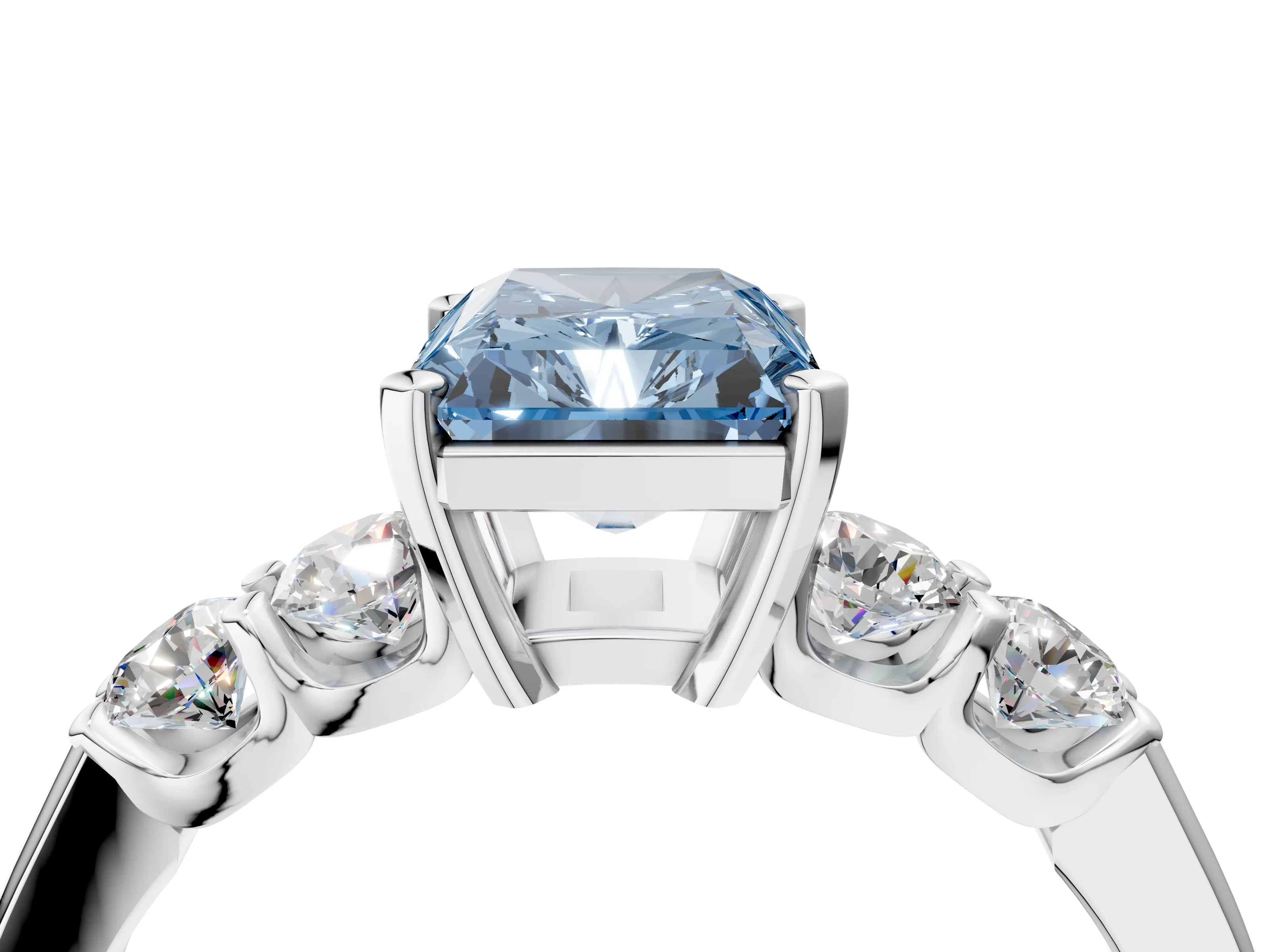 White gold Fancy Blue Radiant Cut Brilliant Diamond Five-Stone Engagement Ring with Prong Setting on a Classic Band_7