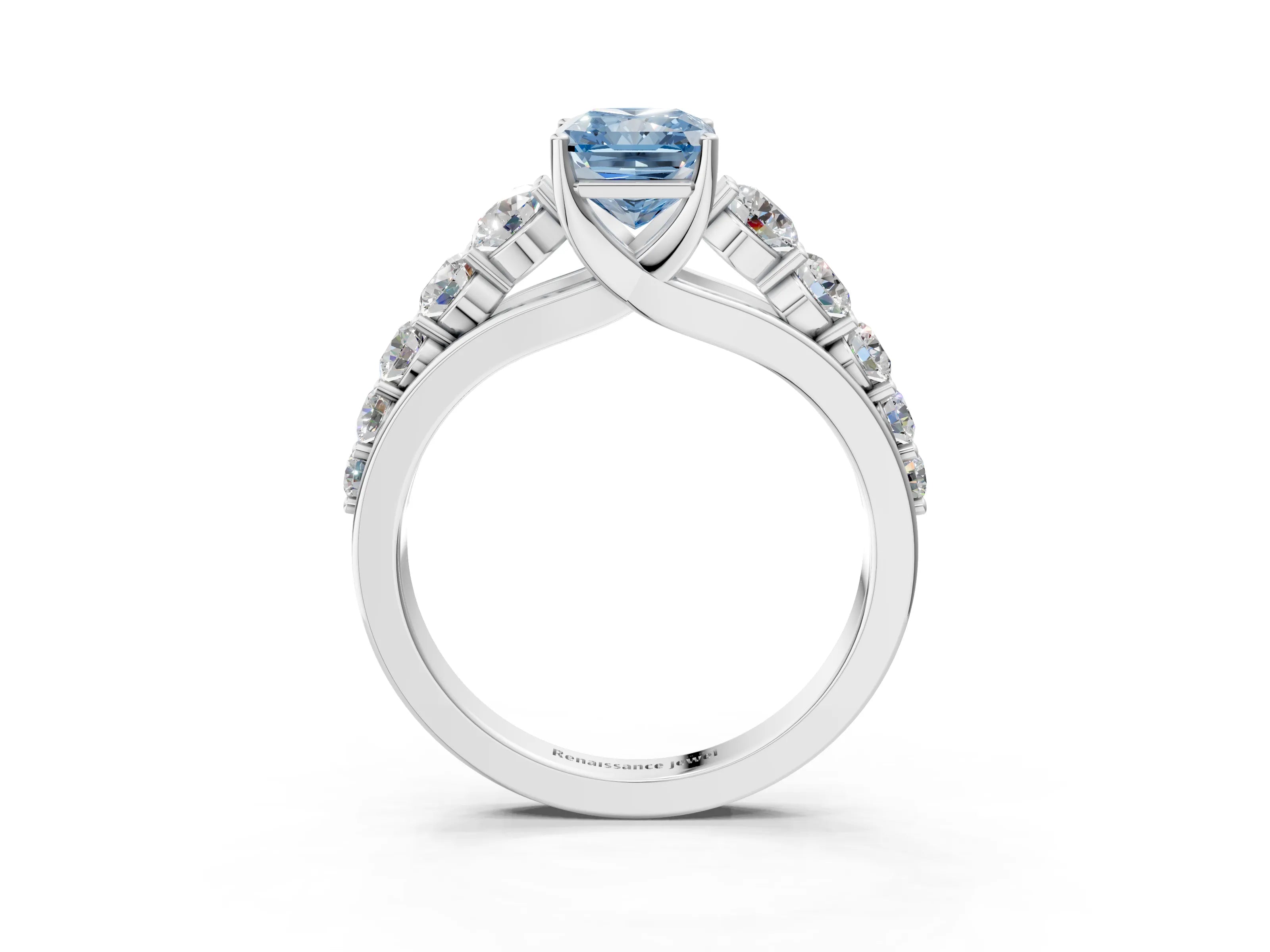 White gold Fancy Blue Radiant Cut Brilliant Diamond Pavé Band with Six-Prong Setting_3