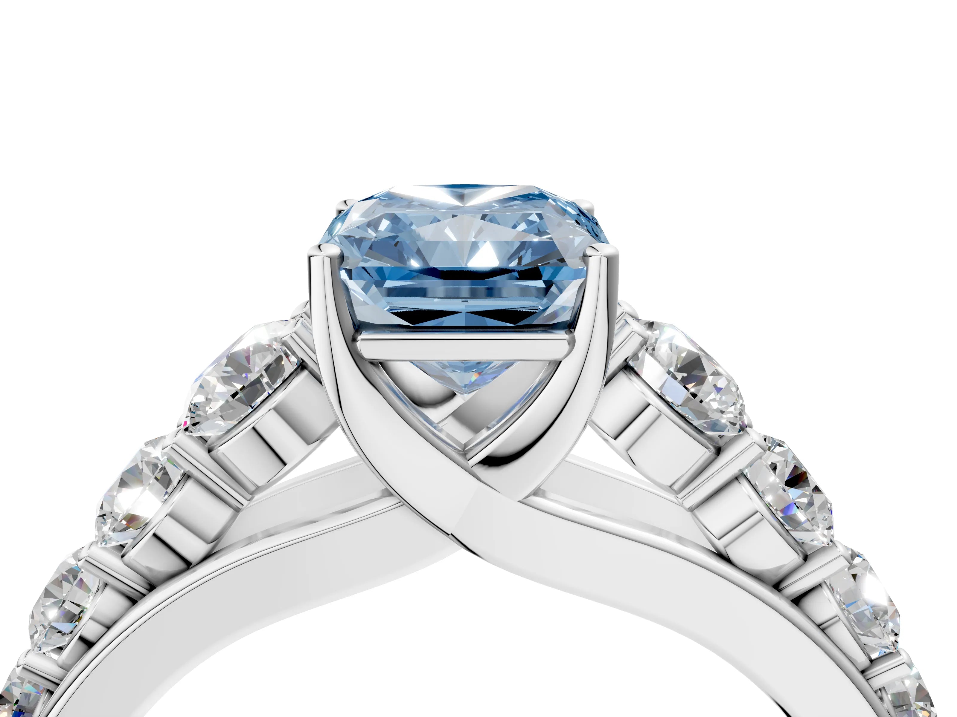 White gold Fancy Blue Radiant Cut Brilliant Diamond Pavé Band with Six-Prong Setting_4