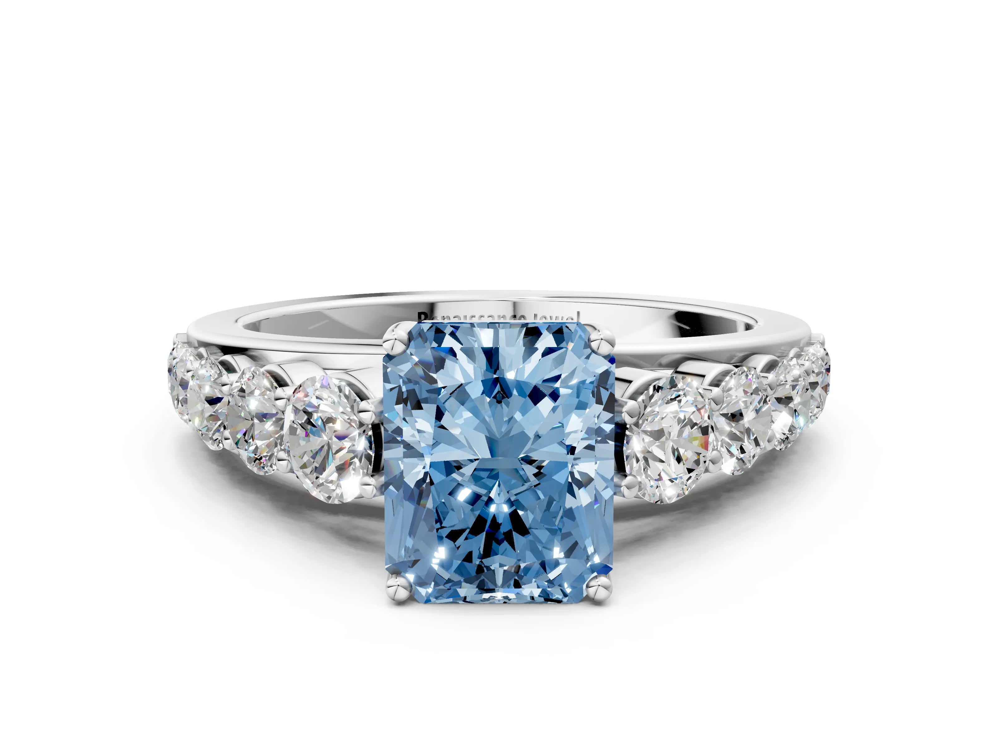 White gold Fancy Blue Radiant Cut Brilliant Diamond Pavé Band with Six-Prong Setting