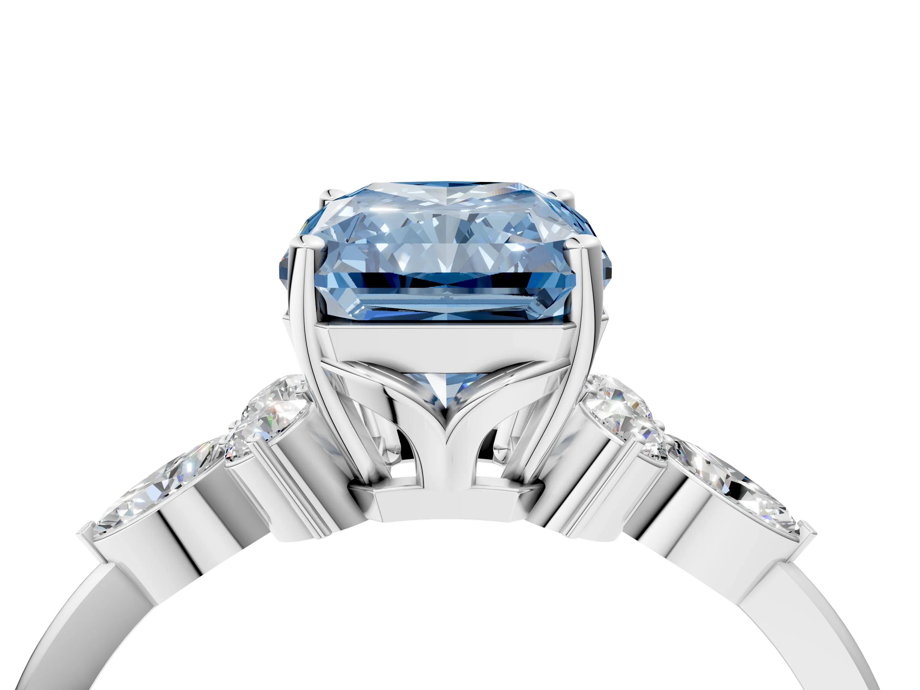 White gold Fancy Blue Radiant Cut Brilliant Diamond Solitaire Ring with Pear Side Stones and Four-Prong Setting_10