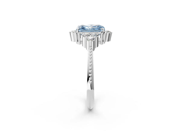 Platinum Fancy Blue Radiant Cut Brilliant Diamond with Cluster Setting on a Beaded Band and Four-Prong Setting