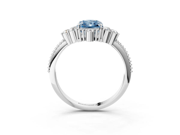 Platinum Fancy Blue Radiant Cut Brilliant Diamond with Cluster Setting on a Beaded Band and Four-Prong Setting