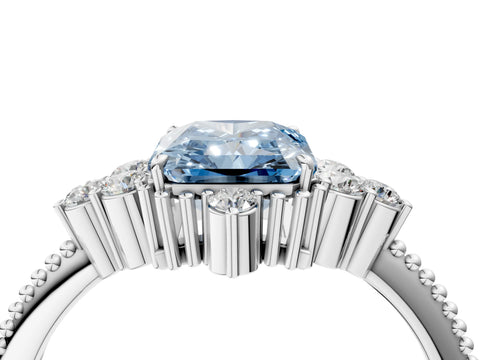White gold Fancy Blue Radiant Cut Brilliant Diamond with Cluster Setting on a Beaded Band and Four-Prong Setting_4