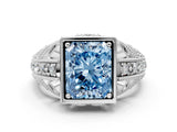 White gold Fancy Blue Radiant Cut Brilliant Milgrain Filigree Diamond Ring with Square Prong Setting