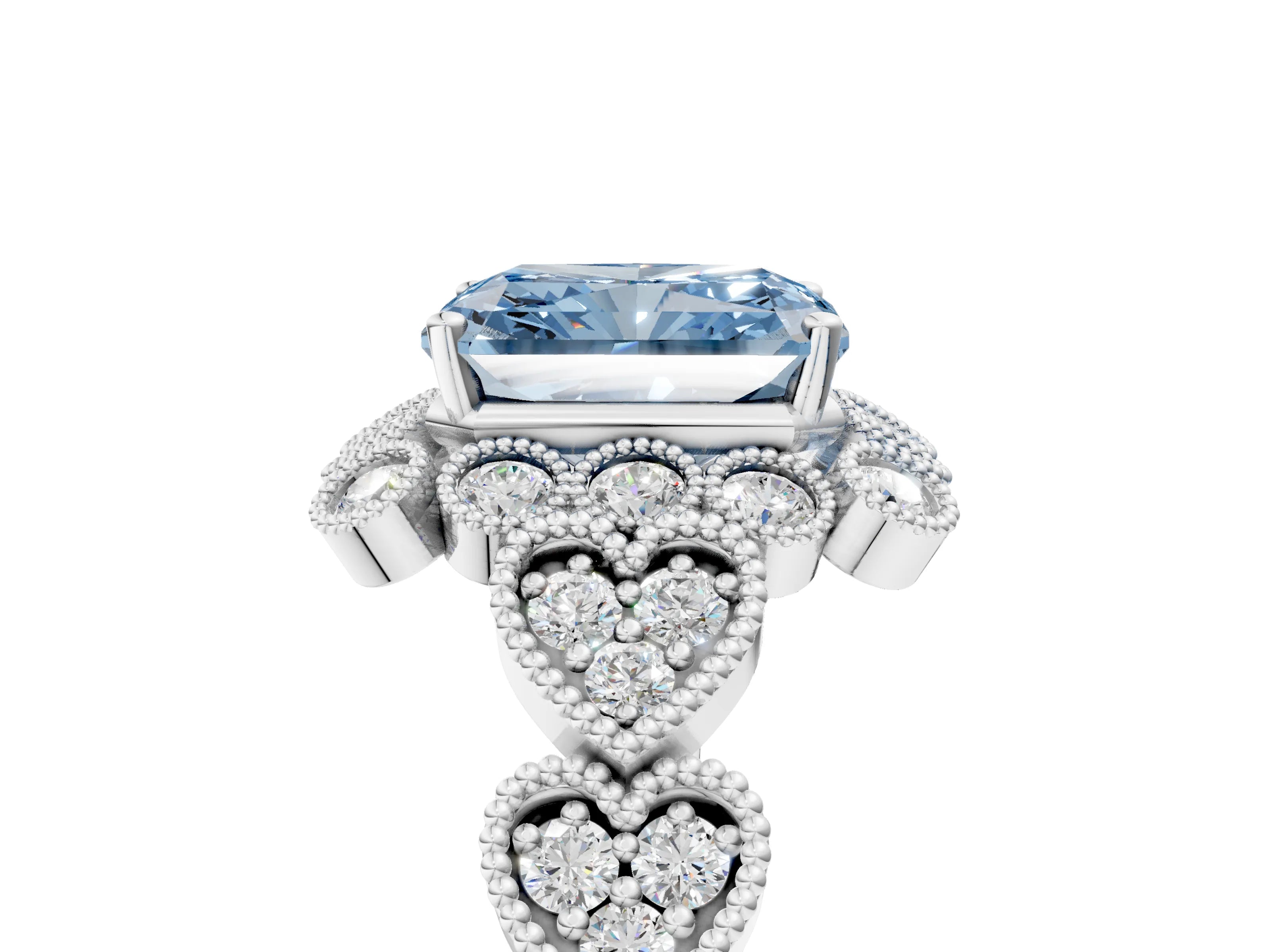 White gold Fancy Blue Radiant Cut Brilliant Milgrain Pave Heart Band Solitaire Ring_17