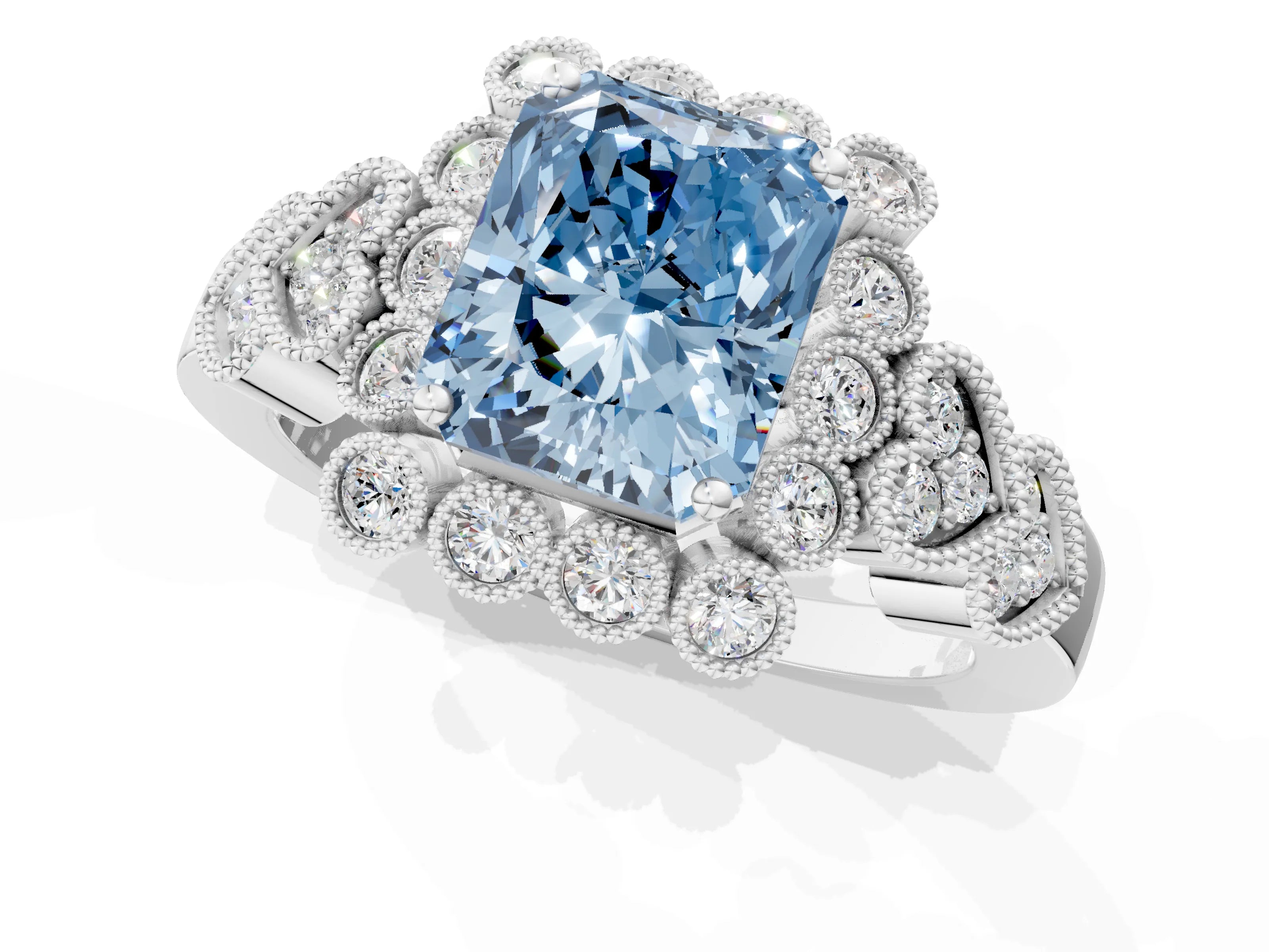 White gold Fancy Blue Radiant Cut Brilliant Milgrain Pave Heart Band Solitaire Ring_1
