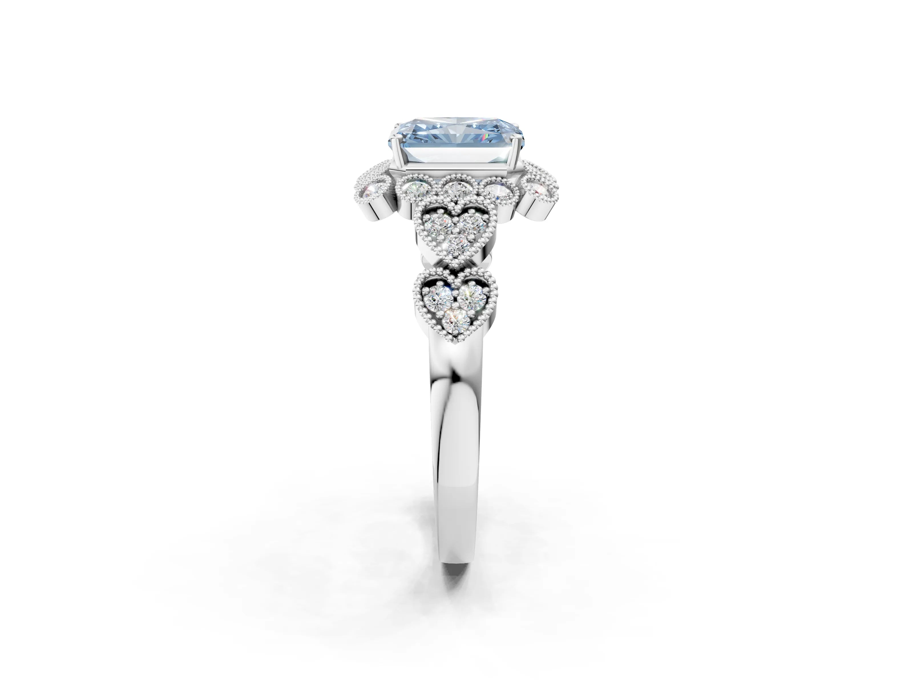 White gold Fancy Blue Radiant Cut Brilliant Milgrain Pave Heart Band Solitaire Ring_2