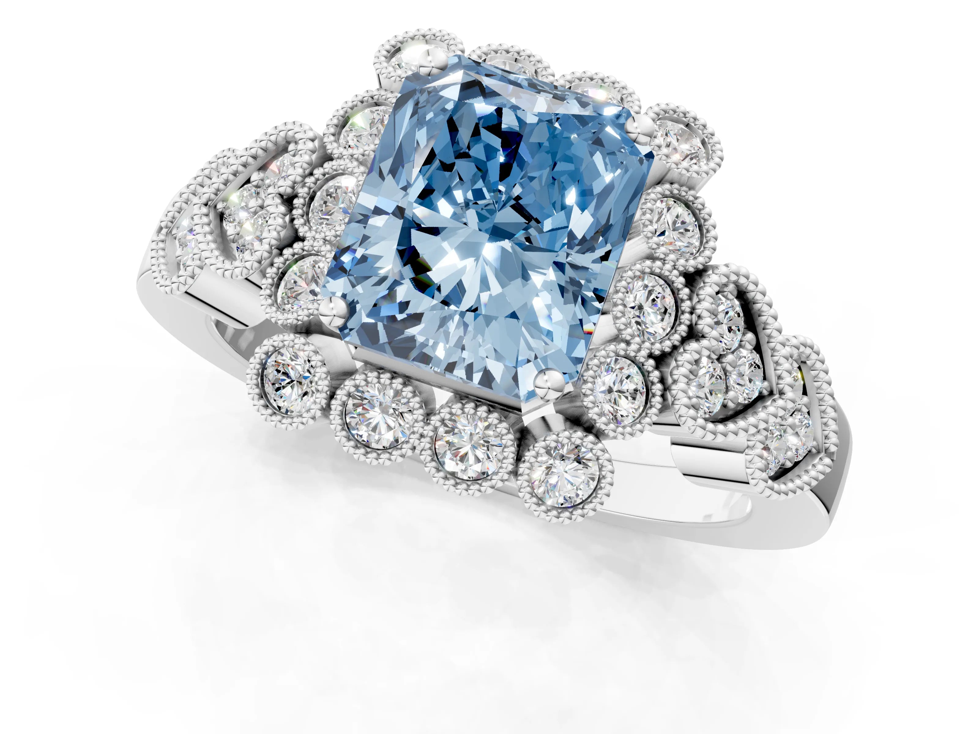 White gold Fancy Blue Radiant Cut Brilliant Milgrain Pave Heart Band Solitaire Ring_25