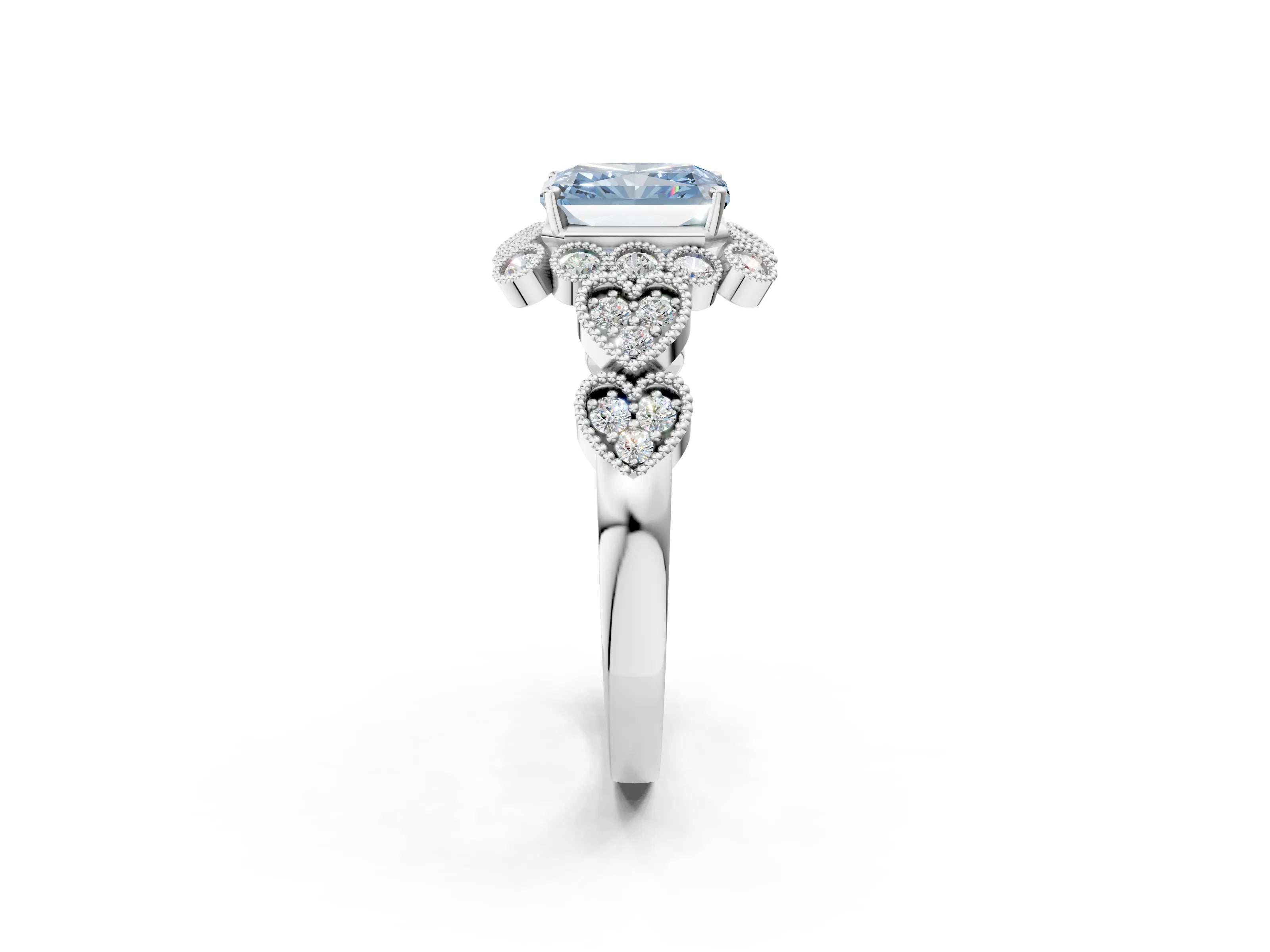 White gold Fancy Blue Radiant Cut Brilliant Milgrain Pave Heart Band Solitaire Ring_26