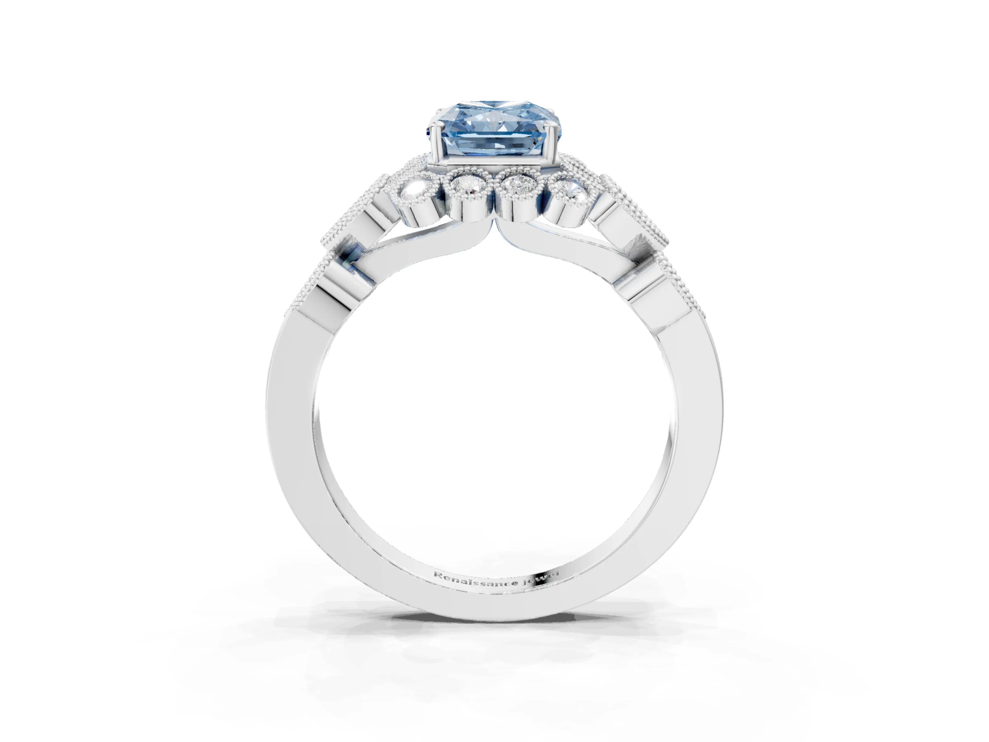 White gold Fancy Blue Radiant Cut Brilliant Milgrain Pave Heart Band Solitaire Ring_3