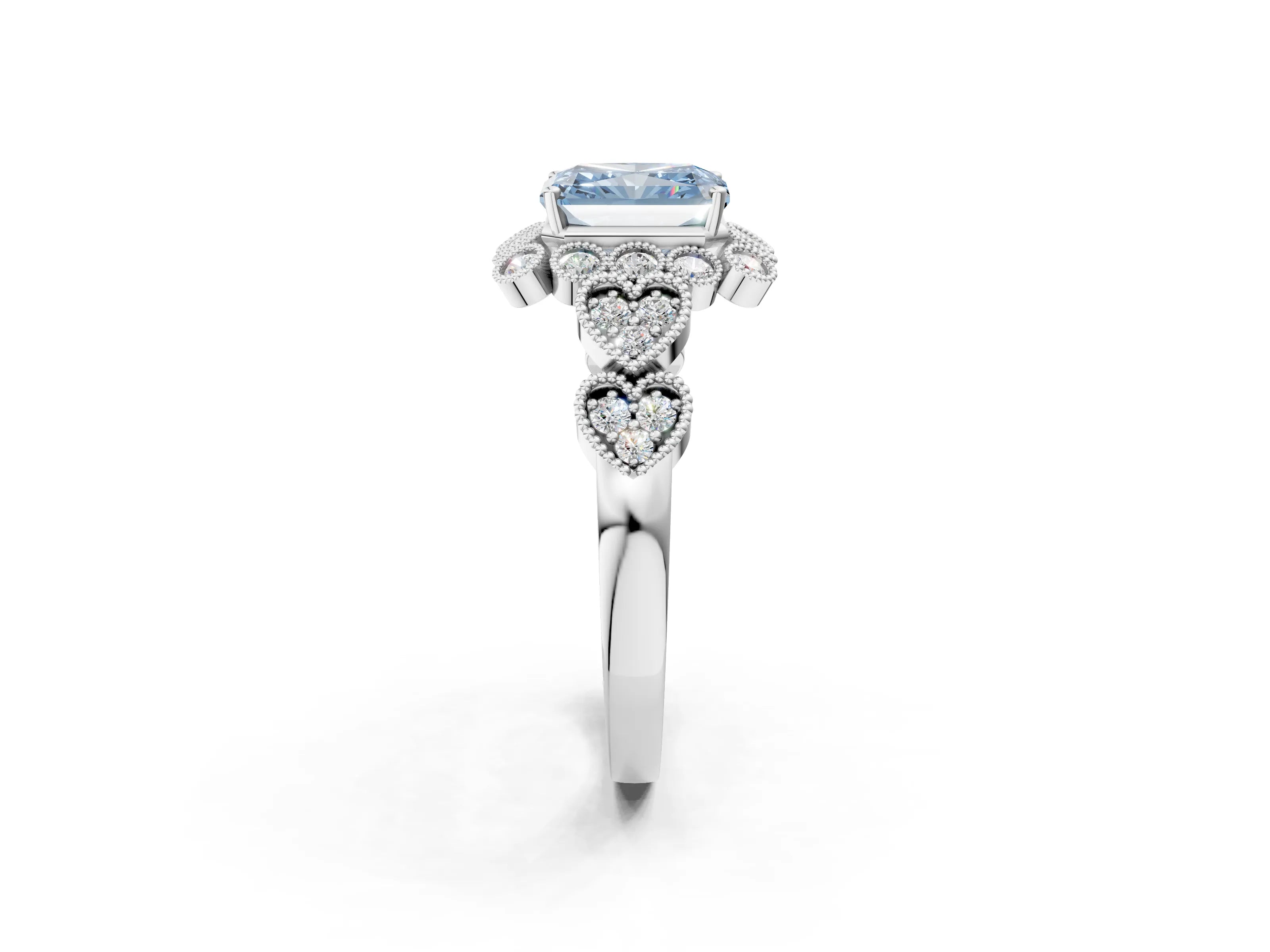 White gold Fancy Blue Radiant Cut Brilliant Milgrain Pave Heart Band Solitaire Ring_38