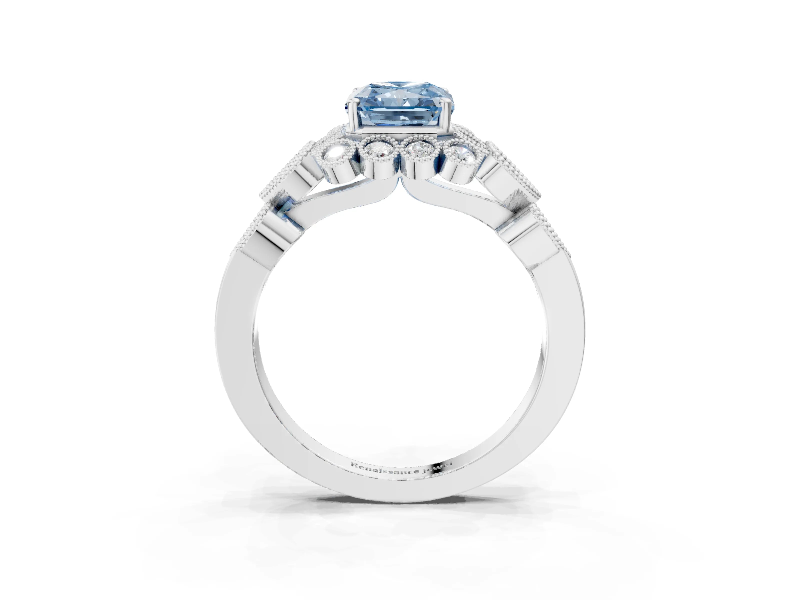 White gold Fancy Blue Radiant Cut Brilliant Milgrain Pave Heart Band Solitaire Ring_39