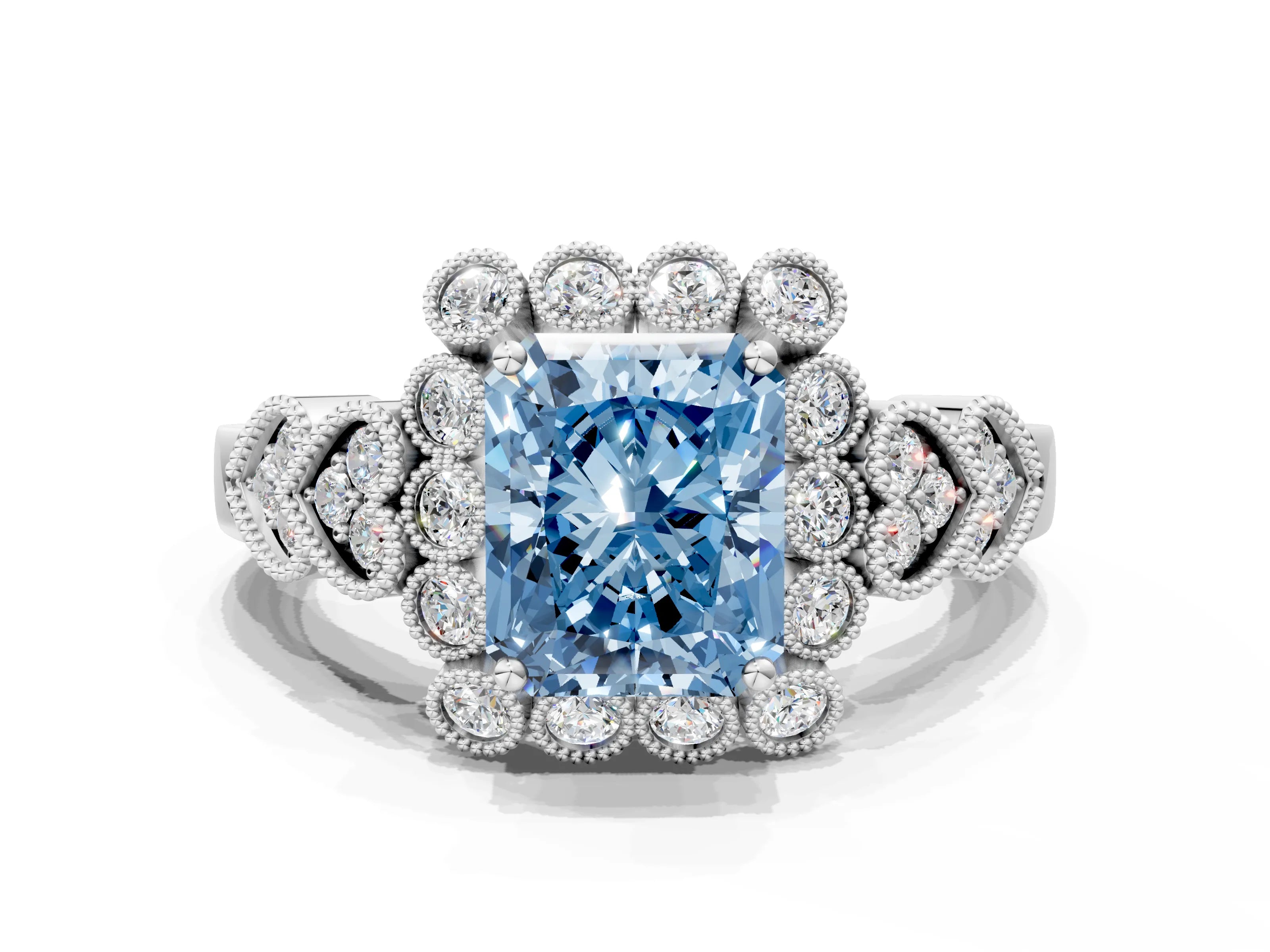 White gold Fancy Blue Radiant Cut Brilliant Milgrain Pave Heart Band Solitaire Ring