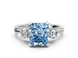 White gold Fancy Blue Radiant Cut Brilliant Three-Stone Diamond Ring with Pavé Band and Four-Prong Setting_15