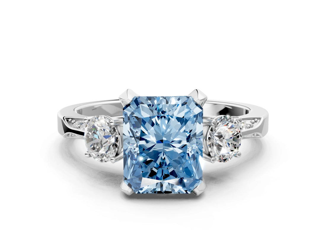 White gold Fancy Blue Radiant Cut Brilliant Three-Stone Diamond Ring with Pavé Band and Four-Prong Setting_15