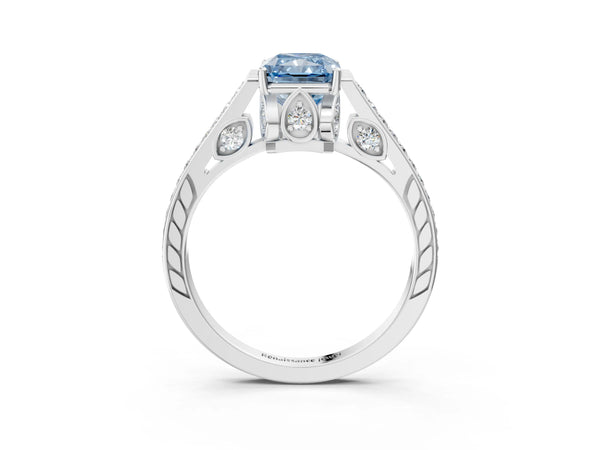 Platinum Fancy Blue Radiant  Cut Cathedral Pave Diamond Engagement Ring with Six-Prong Setting