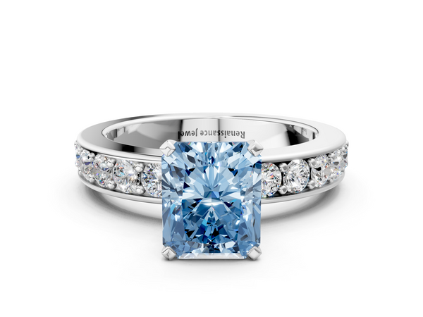 Platinum Fancy Blue Radiant  Cut Channel Set Diamond Engagement Ring with Four-Prong Setting