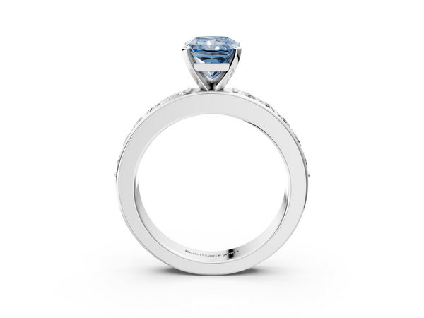 Platinum Fancy Blue Radiant  Cut Channel Set Diamond Engagement Ring with Four-Prong Setting