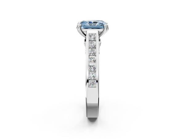 Platinum Radiant Cut Channel Set Solitaire Engagement Ring Setting for Fancy Blue Center with Double Claw Prongs