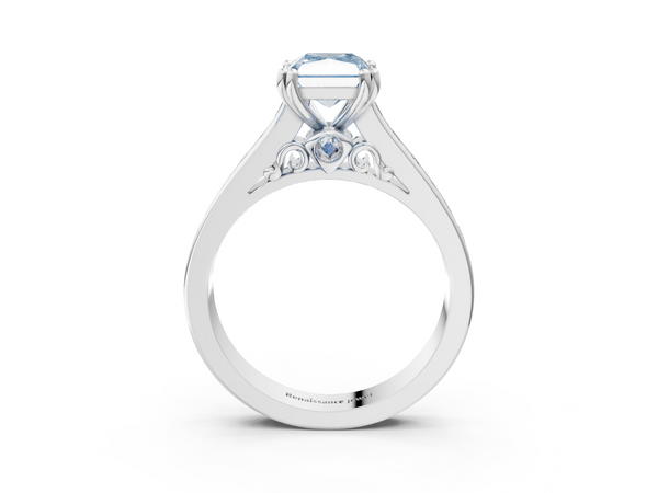Platinum Radiant Cut Channel Set Solitaire Engagement Ring Setting for Fancy Blue Center with Double Claw Prongs
