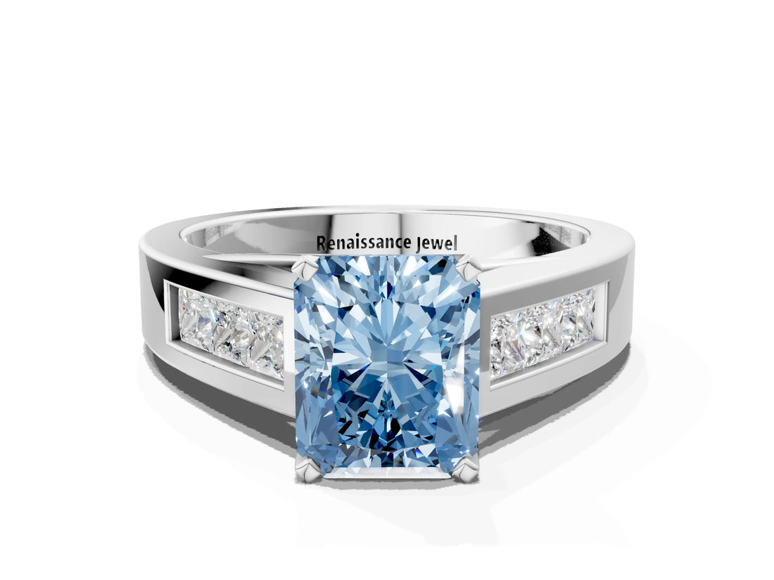 White gold Fancy Blue Radiant Cut Cut Channel Set Solitaire Ring with Four-Prong Setting_12