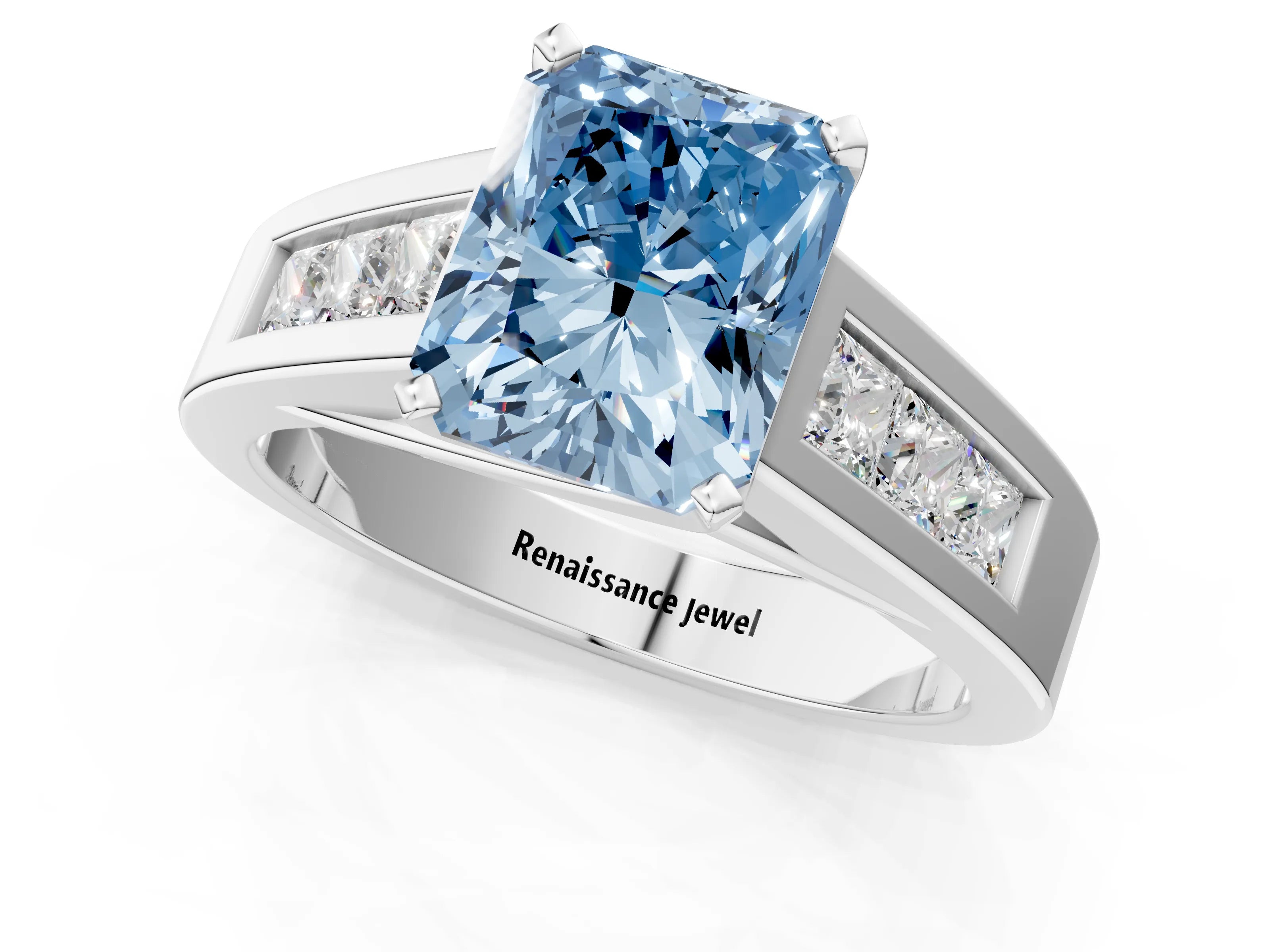 White gold Fancy Blue Radiant Cut Cut Channel Set Solitaire Ring with Four-Prong Setting_13