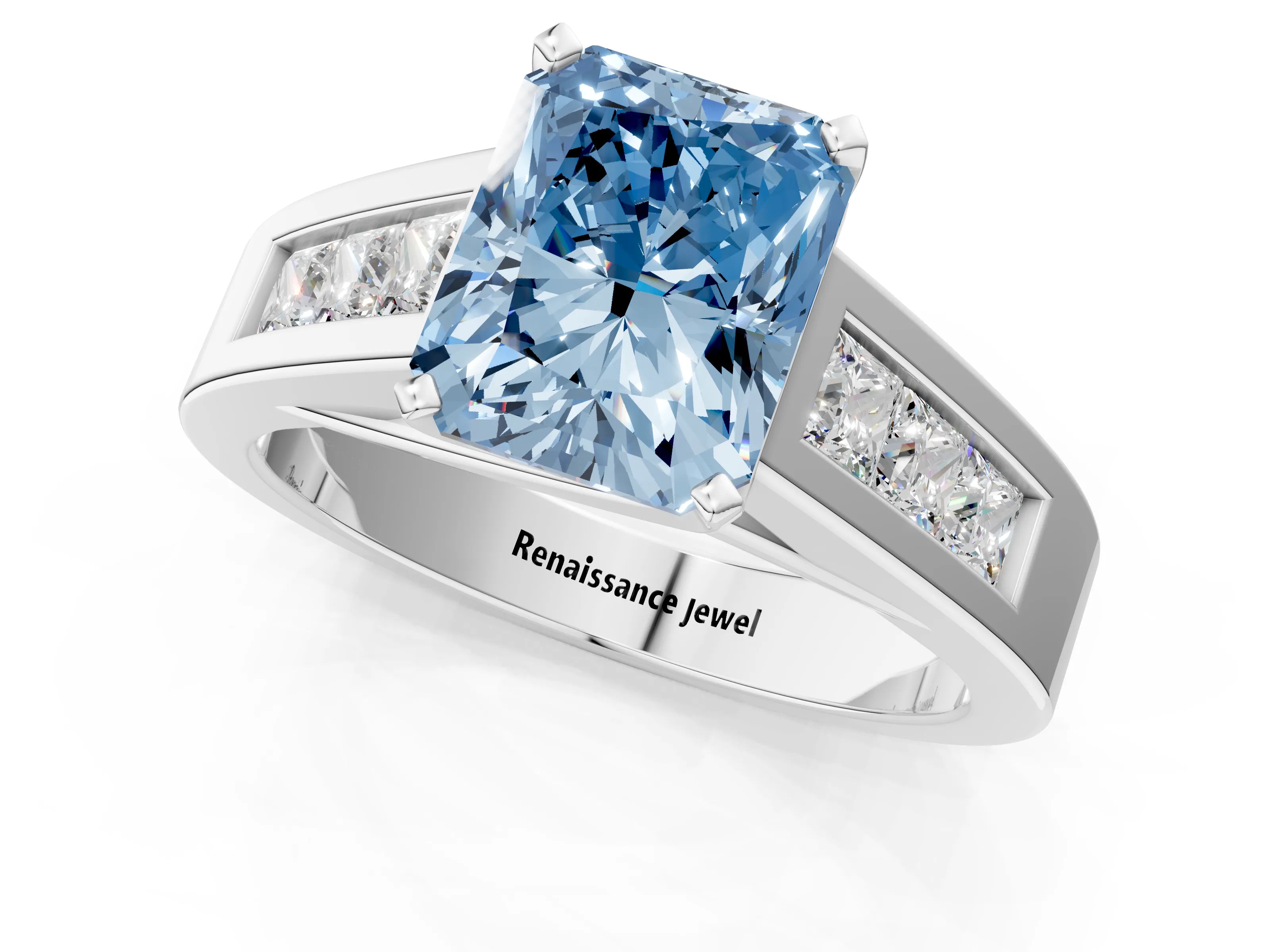 White gold Fancy Blue Radiant Cut Cut Channel Set Solitaire Ring with Four-Prong Setting_1
