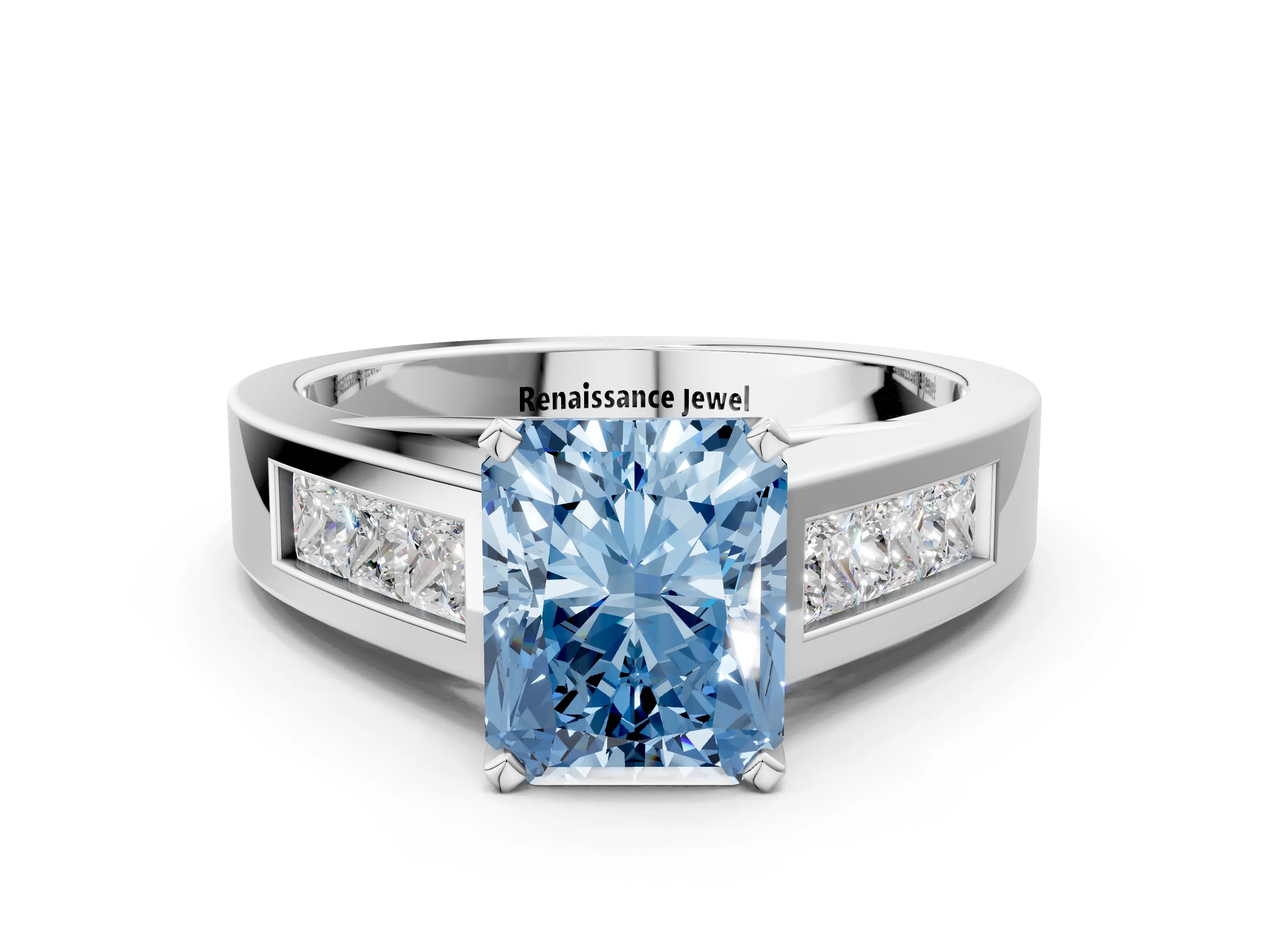 White gold Fancy Blue Radiant Cut Cut Channel Set Solitaire Ring with Four-Prong Setting