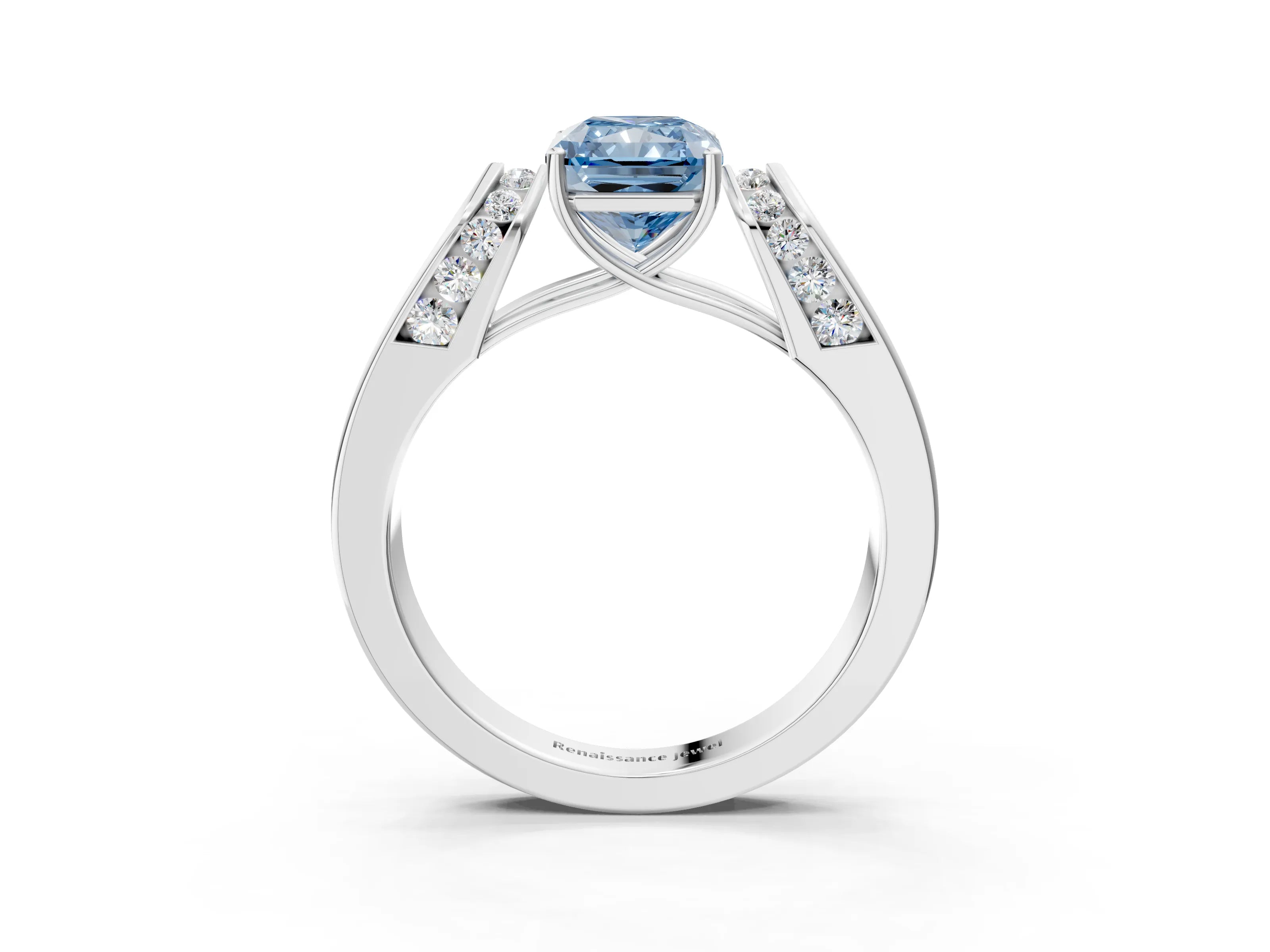 White gold Fancy Blue Radiant Cut Cut Diamond Channel Set Solitaire Ring with Four-Prong Setting_3