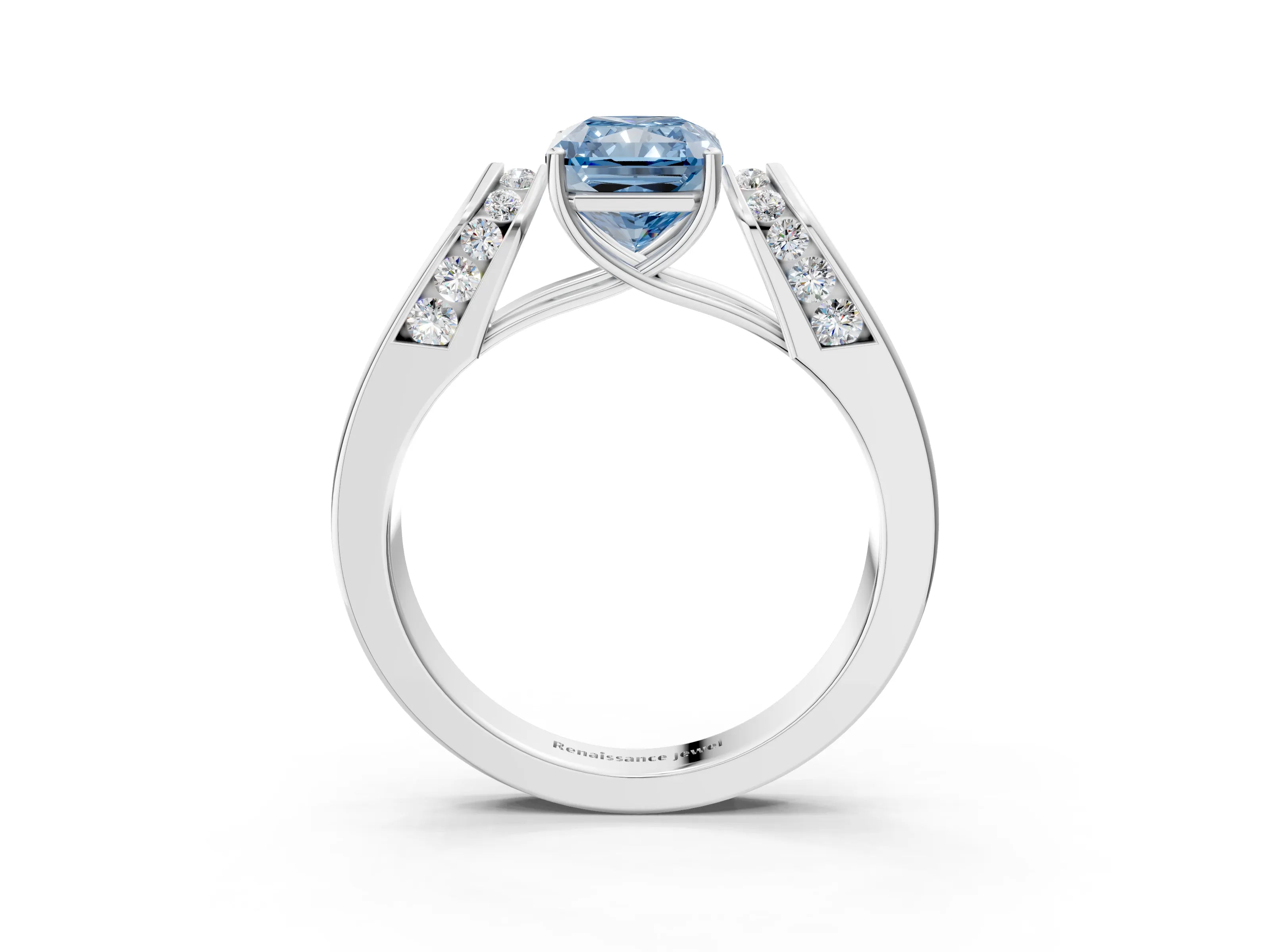 White gold Fancy Blue Radiant Cut Cut Diamond Channel Set Solitaire Ring with Four-Prong Setting_75