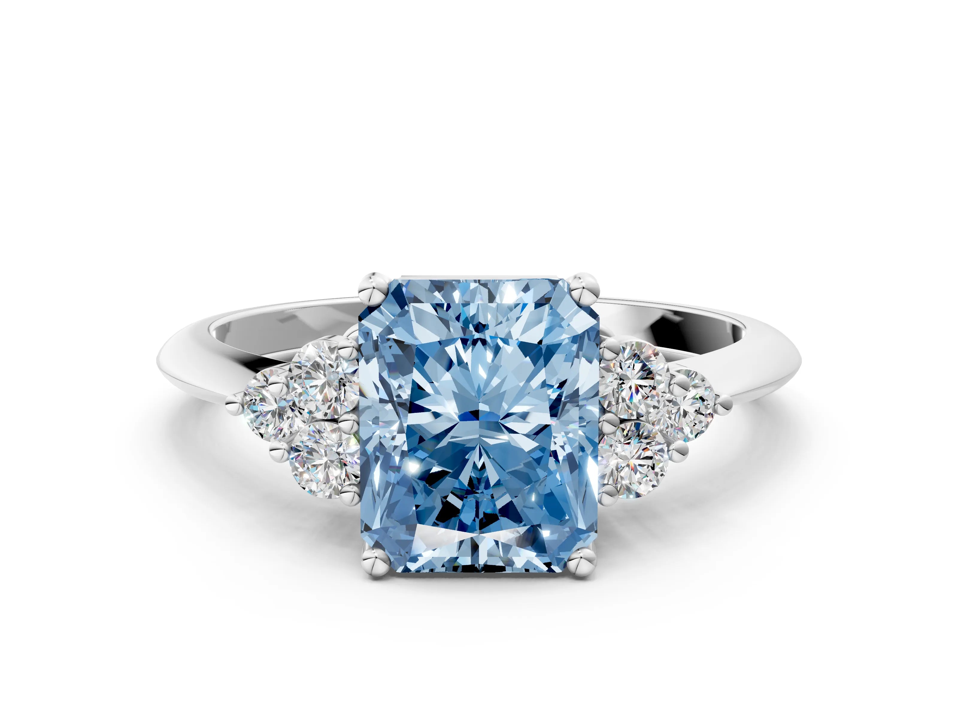 White gold Fancy Blue Radiant Cut Cut Diamond Cluster Ring with Solitaire Band and Four-Prong Setting