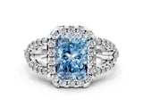White gold Fancy Blue Radiant Cut Cut Diamond Halo Engagement Ring with Open Split Pavé Band