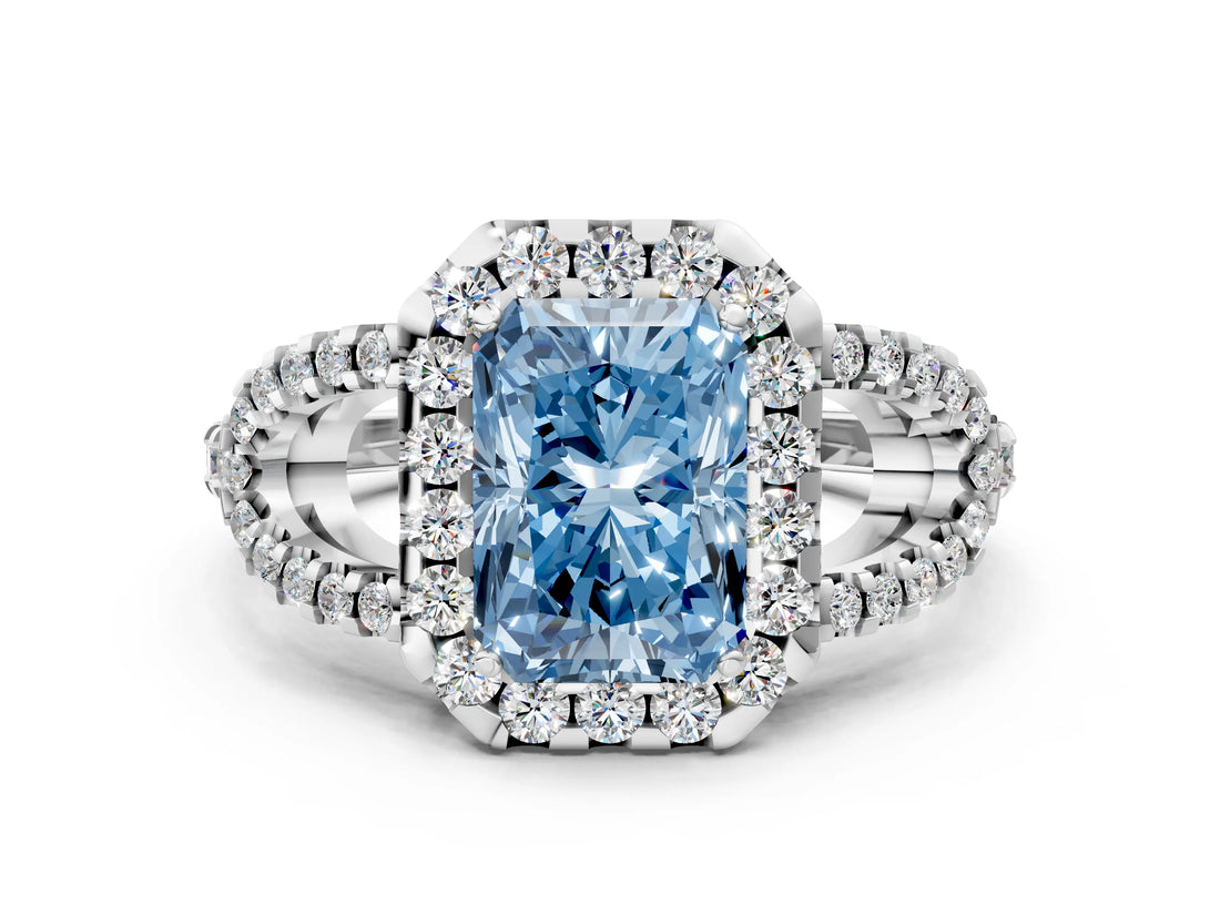White gold Fancy Blue Radiant Cut Cut Diamond Halo Engagement Ring with Open Split Pavé Band