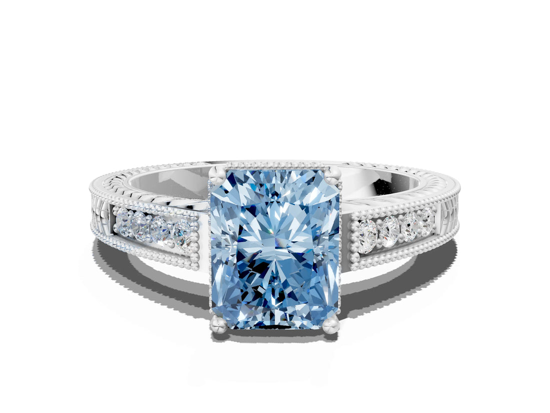 White gold Fancy Blue Radiant Cut Cut Diamond Milgrain Pave Band Four-Prong Setting Ring_15