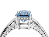 White gold Fancy Blue Radiant Cut Cut Diamond Milgrain Pave Band Four-Prong Setting Ring_19