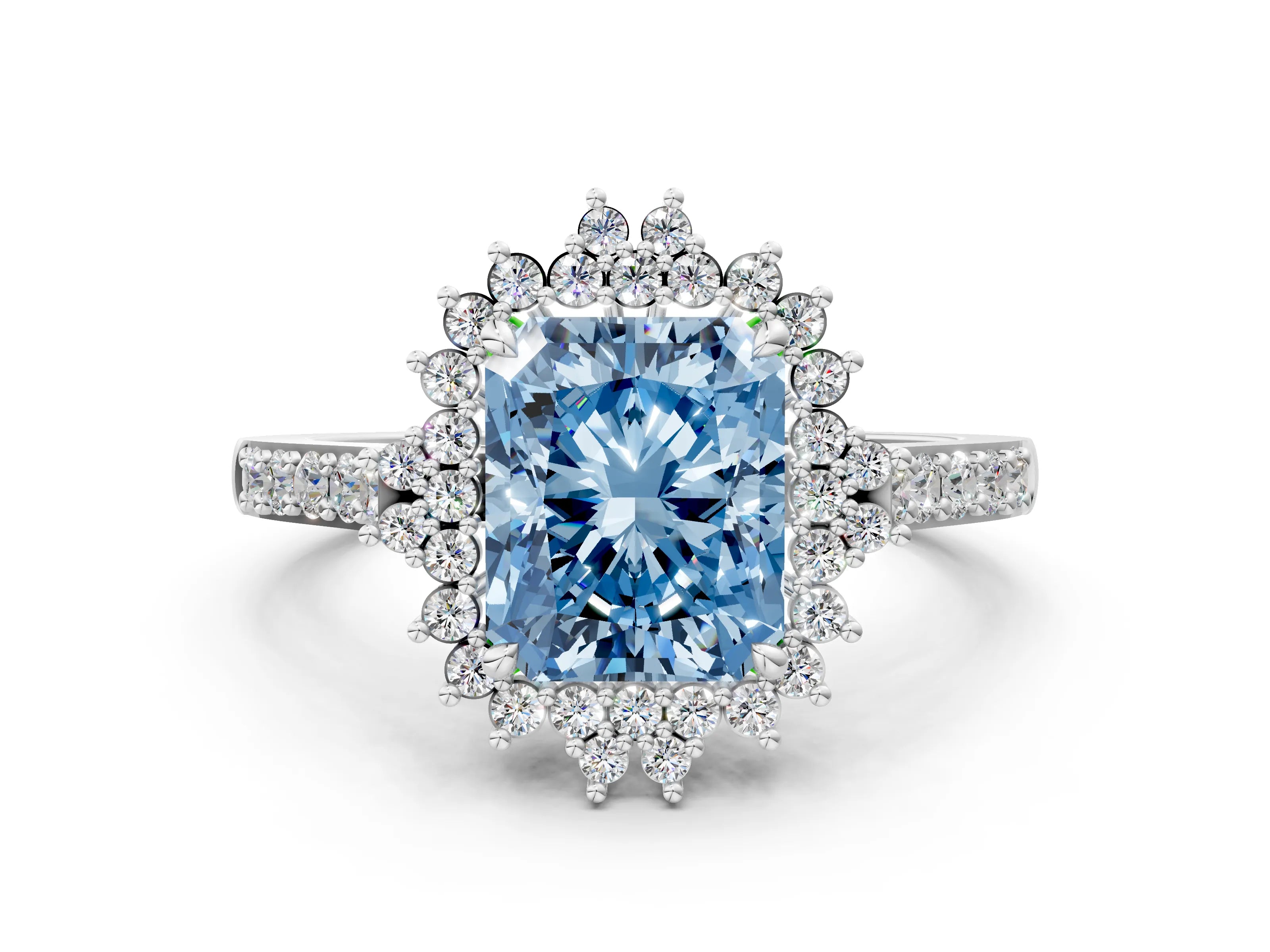 White gold Fancy Blue Radiant Cut Cut Diamond Sunburst Halo Engagement Ring with Pavé Band_12