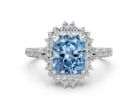 White gold Fancy Blue Radiant Cut Cut Diamond Sunburst Halo Engagement Ring with Pavé Band_12
