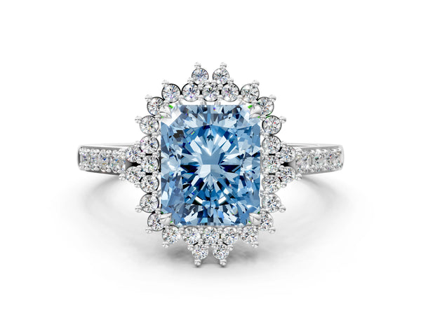 White gold Fancy Blue Radiant Cut Cut Diamond Sunburst Halo Engagement Ring with Pavé Band