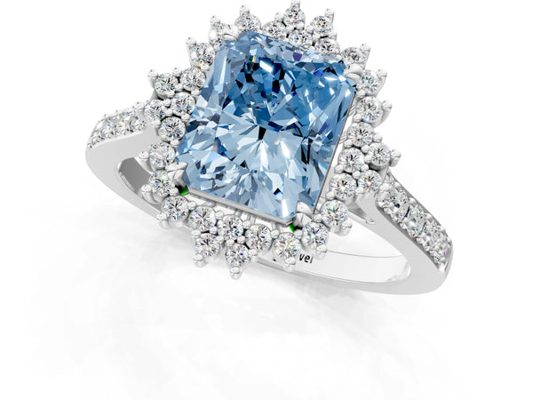 White gold Fancy Blue Radiant Cut Cut Diamond Sunburst Halo Engagement Ring with Pavé Band