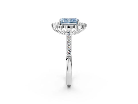 White gold Fancy Blue Radiant Cut Cut Diamond Sunburst Halo Engagement Ring with Pavé Band_14