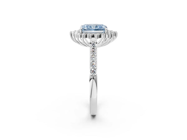 White gold Fancy Blue Radiant Cut Cut Diamond Sunburst Halo Engagement Ring with Pavé Band