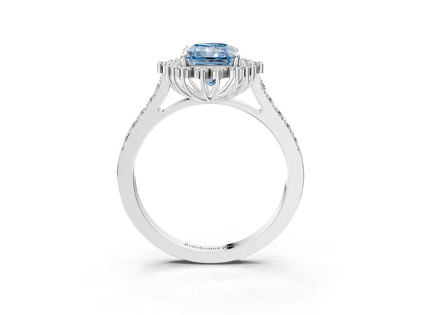 White gold Fancy Blue Radiant Cut Cut Diamond Sunburst Halo Engagement Ring with Pavé Band