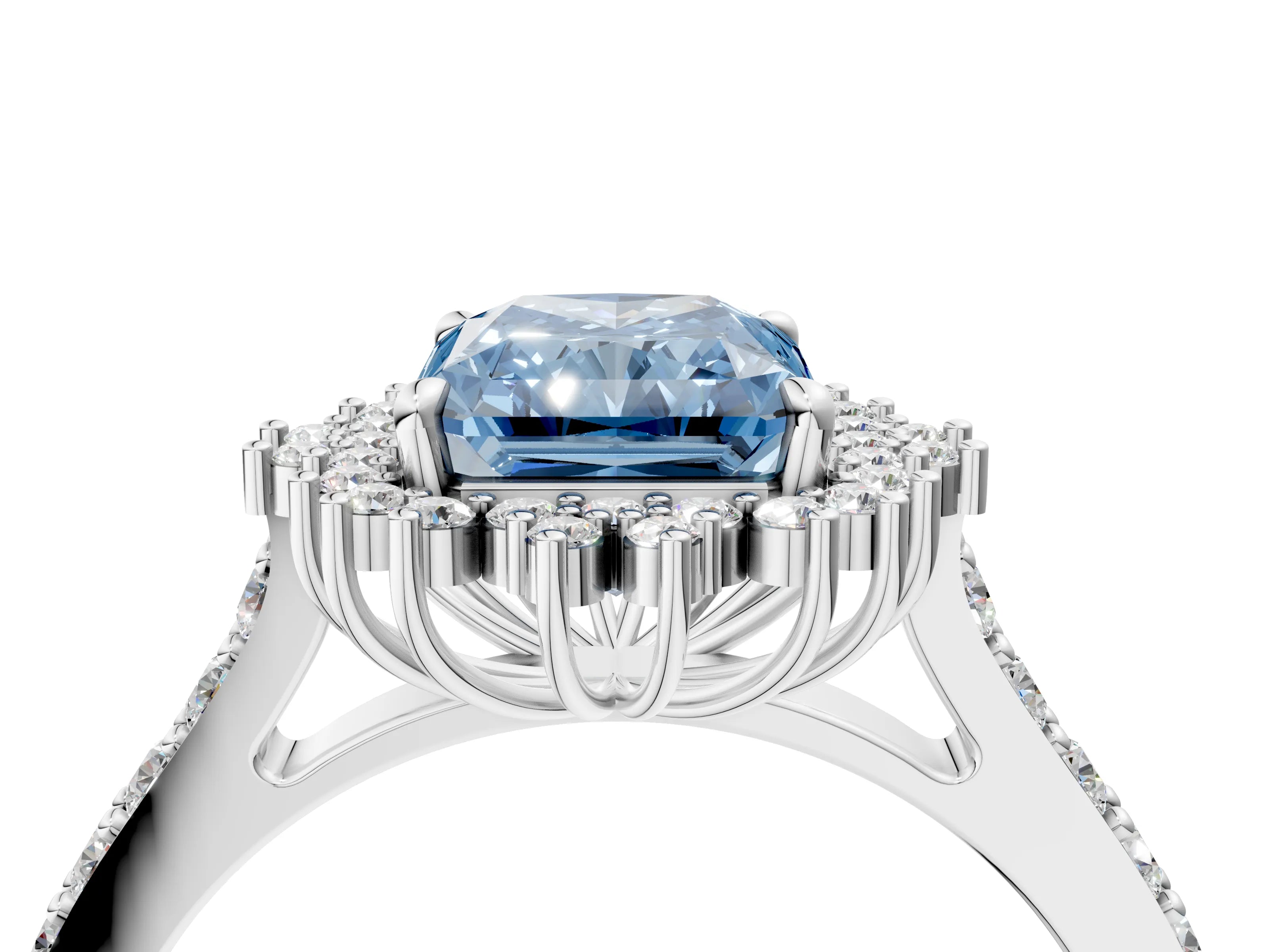 White gold Fancy Blue Radiant Cut Cut Diamond Sunburst Halo Engagement Ring with Pavé Band_16