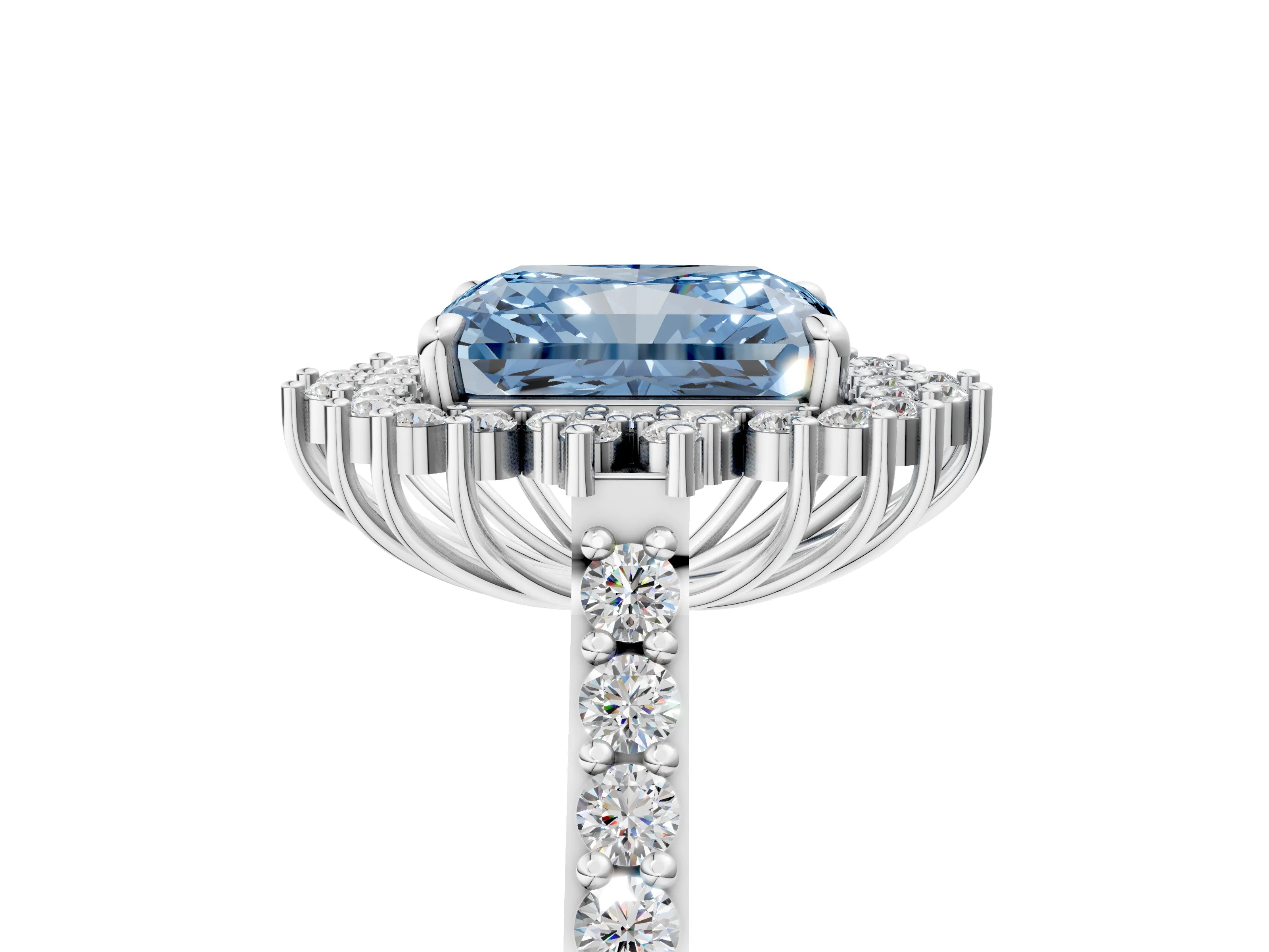 White gold Fancy Blue Radiant Cut Cut Diamond Sunburst Halo Engagement Ring with Pavé Band_17