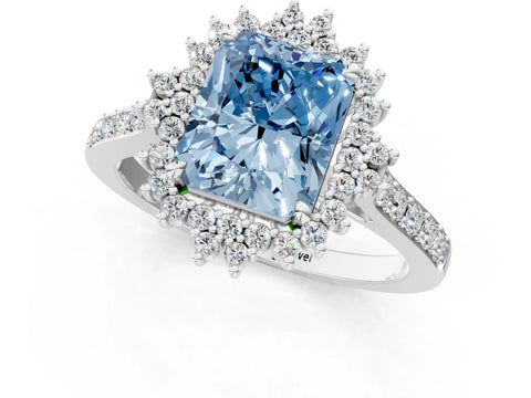 White gold Fancy Blue Radiant Cut Cut Diamond Sunburst Halo Engagement Ring with Pavé Band_1