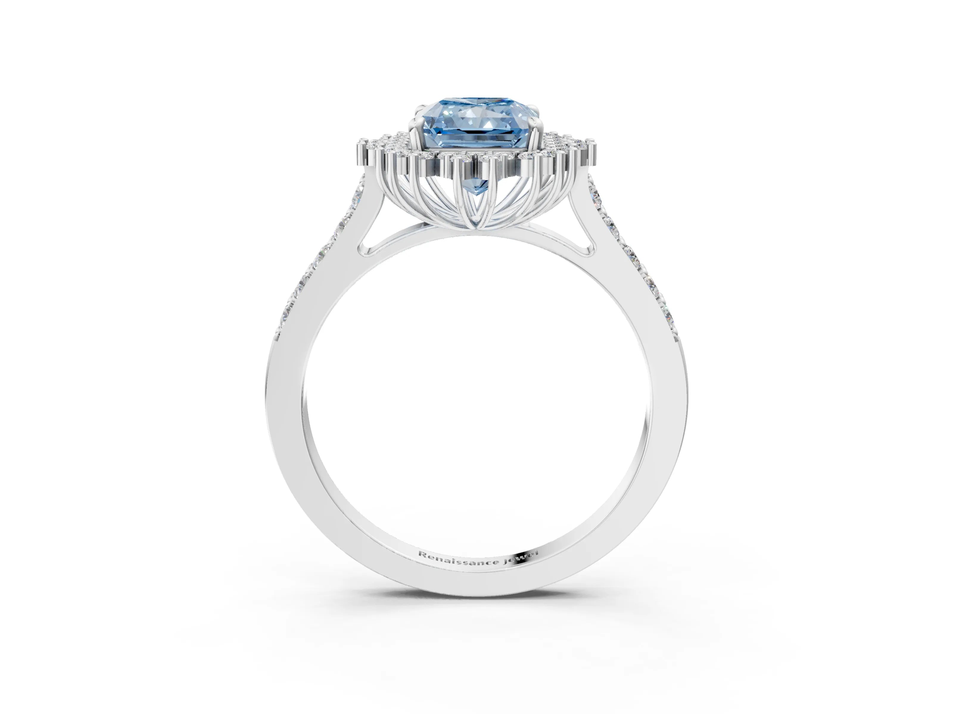 White gold Fancy Blue Radiant Cut Cut Diamond Sunburst Halo Engagement Ring with Pavé Band_3